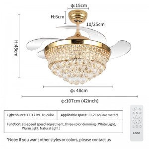 K006 lucht leanúna uasteorainn chandelier le solas le dath iargúlta 42 orlach 3 le Chandelier Fan Crystal Cainteoir