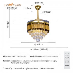 K011 Fan Candelier Uasteorainn le solas le dath iargúlta 42 orlach 3 le Chandelier Fan Crystal Cainteoir