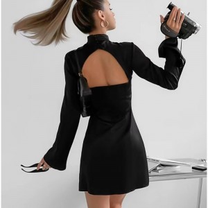 Seastánnua seastán collar caol sleamhnáin fhada oscailte gúna gearr ar ais