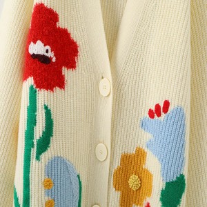 Dearthóir Mná Sweaters saincheaptha saincheaptha v-muineál bróidnéireachta cniotáilte ban Jacquard scaoilte geansaí cardigan mná do bhean