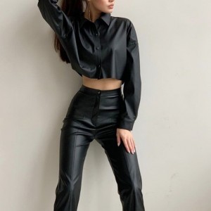 Gluaisrothar an Fhómhair agus an Gheimhridh Sexy Matte PU Leathar Léine Gearr-Sleeved Sleeved Micrea-Elastic