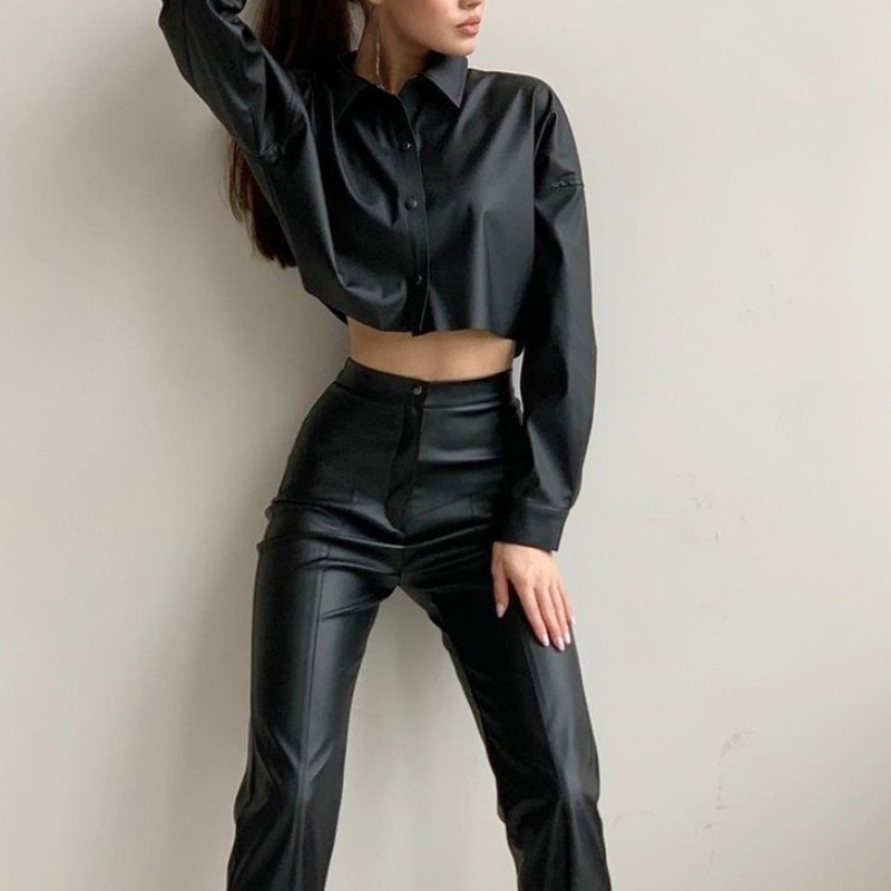 Gluaisrothar an Fhómhair agus an Gheimhridh Sexy Matte PU Leathar Léine Gearr-Sleeved Sleeved Micrea-Elastic