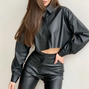 Gluaisrothar an Fhómhair agus an Gheimhridh Sexy Matte PU Leathar Léine Gearr-Sleeved Sleeved Micrea-Elastic