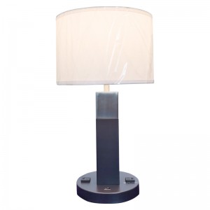 Dhá thóin dubh agus lampa tábla bailchríochnicil brushed le lasc rockernoff agus dhá asraon áisiúil ag an seomra aoi