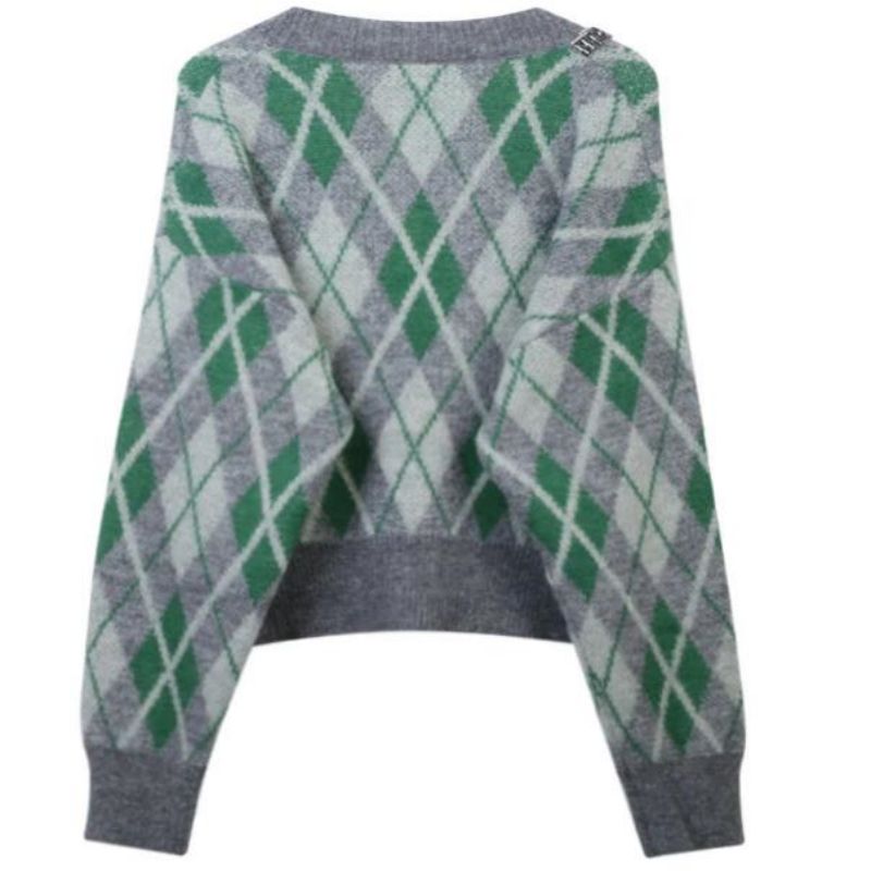 Argyle Jacquard Cniotáilte Mohair Cardigan Geansaí Mná Cniotáilte