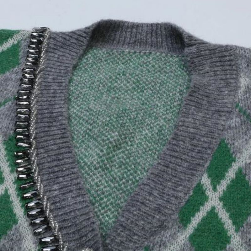 Argyle Jacquard Cniotáilte Mohair Cardigan Geansaí Mná Cniotáilte