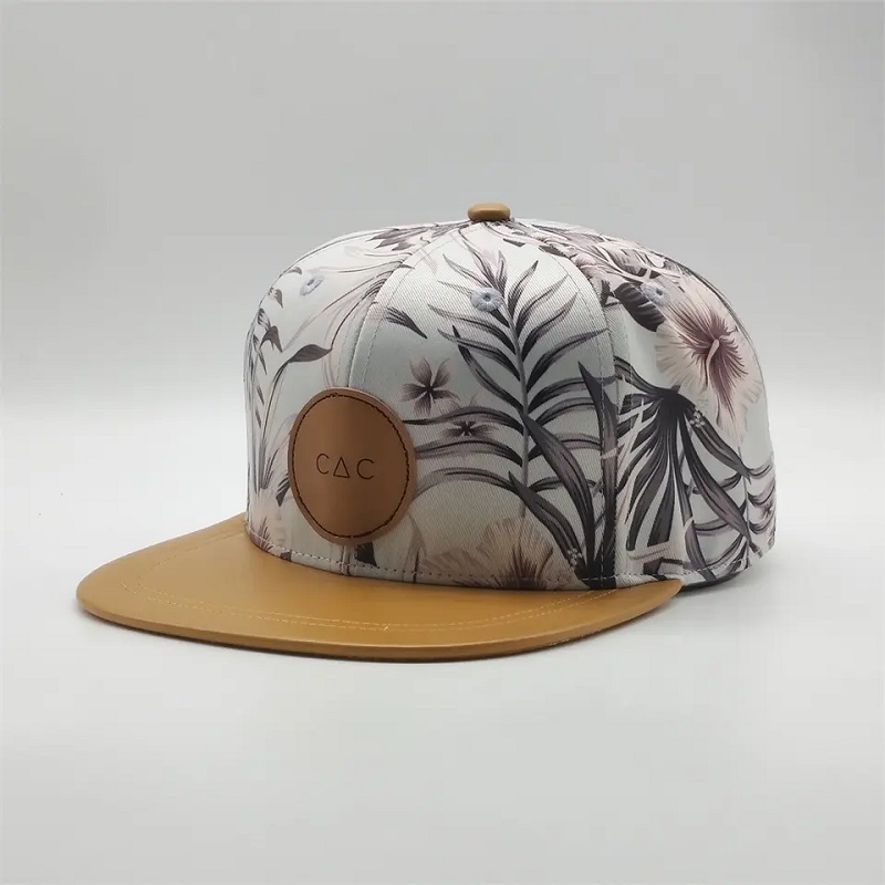 Hataí Snapback a shaincheapadh, caipín cothrom priontála priontála digiteach, hataí snapback lógó paiste leathair