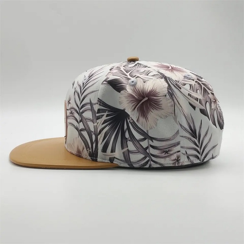 Hataí Snapback a shaincheapadh, caipín cothrom priontála priontála digiteach, hataí snapback lógó paiste leathair