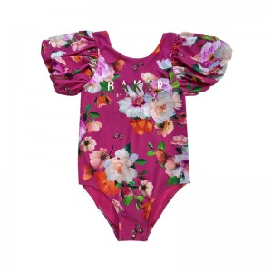 Litir Priontála Floral Puff Sleeve Childres Swimsuits