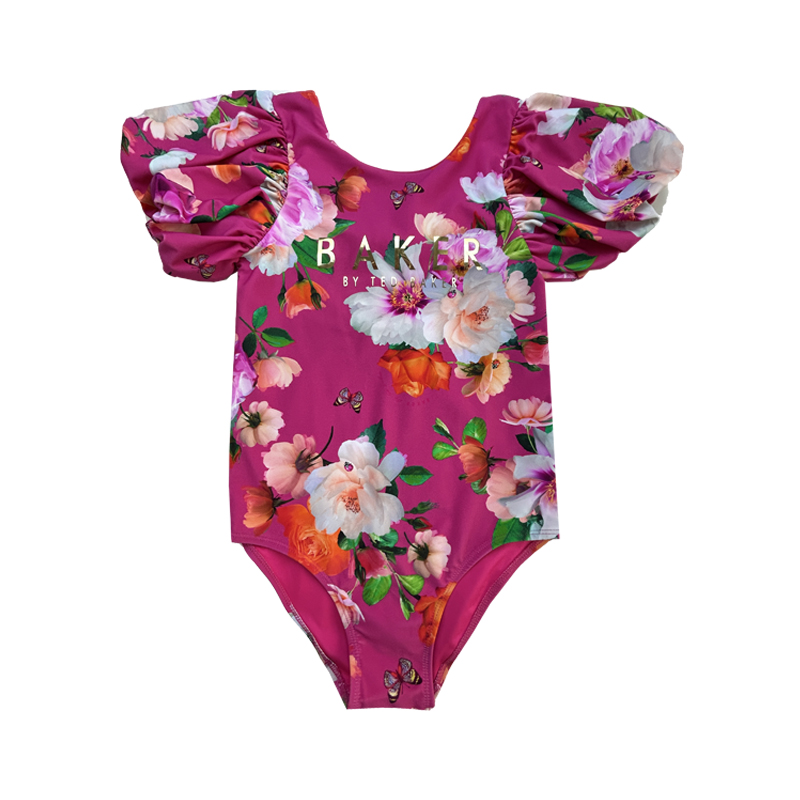 Litir Priontála Floral Puff Sleeve Childres Swimsuits