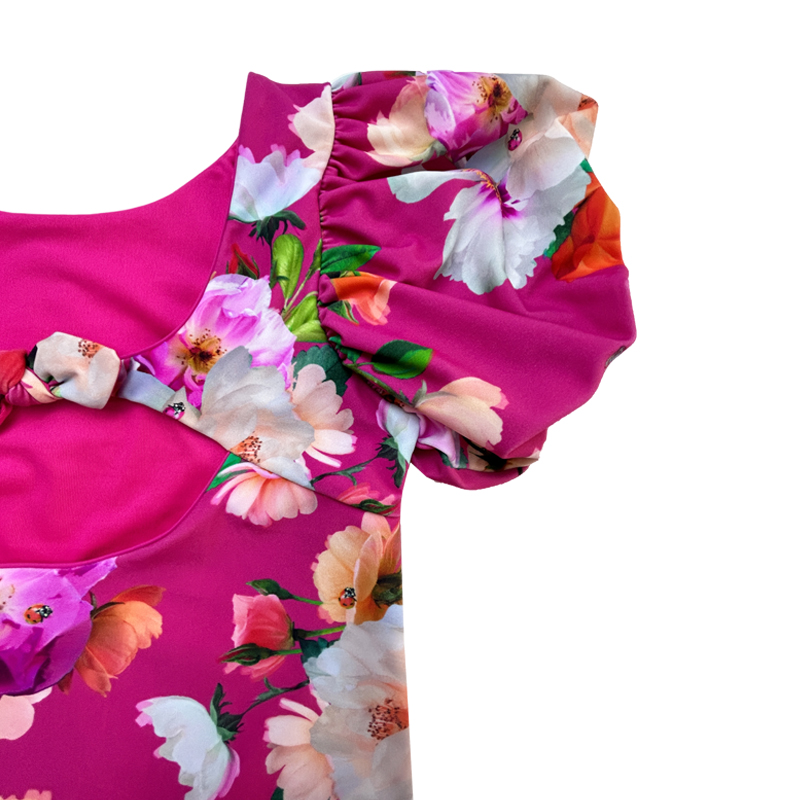 Litir Priontála Floral Puff Sleeve Childres Swimsuits