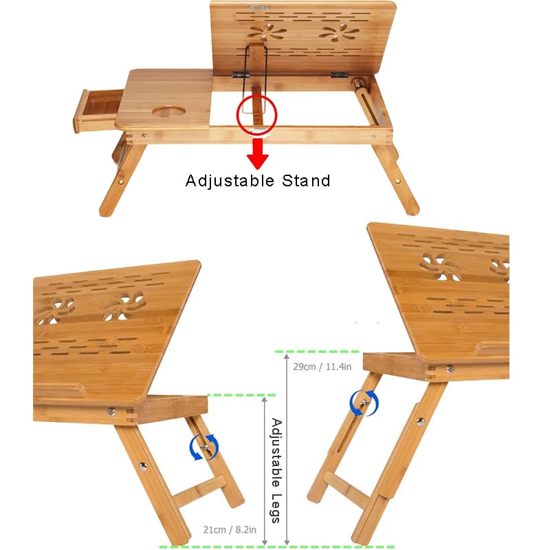 Tráidire ríomhaire glúine bambú foldable mór le sealbhóir cupán tarraiceán cosa inchoigeartaithe airde