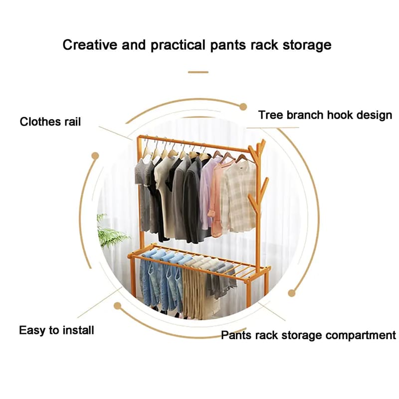 Dhá raca stórála ciseal d'éadaí rollta rollta trom dualgas troma ag crochadh bambú closet urláir