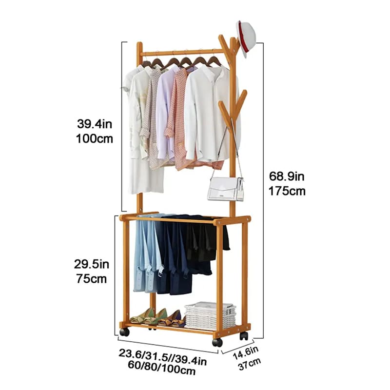 Dhá raca stórála ciseal d'éadaí rollta rollta trom dualgas troma ag crochadh bambú closet urláir
