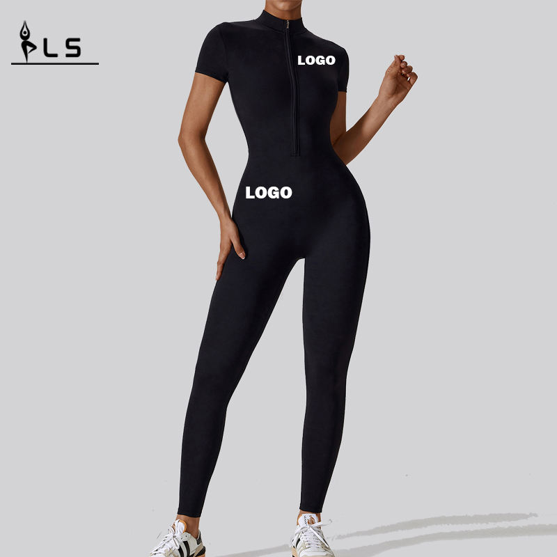 SC1075 One Piece Workout Yoga Jumpsuits Sleeve Gearr Soladach Leath -Zip Giomnáisiam Romper Bodysuit