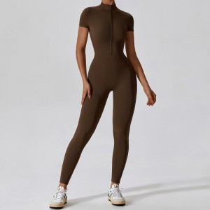 SC1075 One Piece Workout Yoga Jumpsuits Sleeve Gearr Soladach Leath -Zip Giomnáisiam Romper Bodysuit