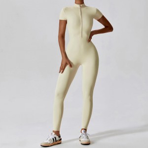 SC1075 One Piece Workout Yoga Jumpsuits Sleeve Gearr Soladach Leath -Zip Giomnáisiam Romper Bodysuit