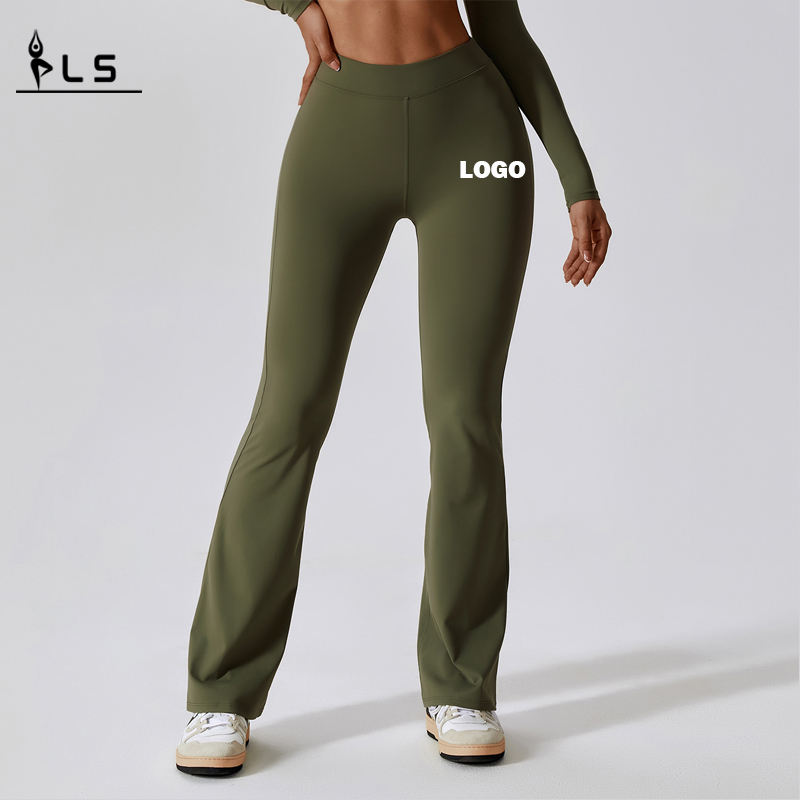 SC1096 Leggings stráice ceithre-bhealach soladach arda do mhná a bhrúnn suas le luiteoga flare scroup