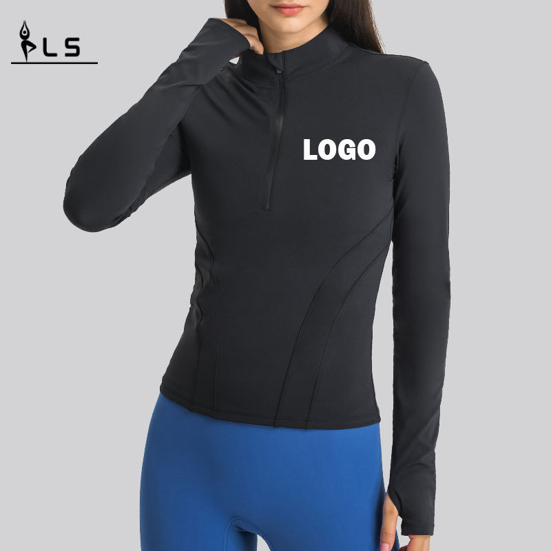 SC10268 Mná Long Mná Yoga T-Léine T-Léine Léine Giomnáisiam Comhbhrú Giomnáisiam Workout Seastán Seastán Coiléar Leath-Zip Spórt T Shirt T le haghaidh Mná