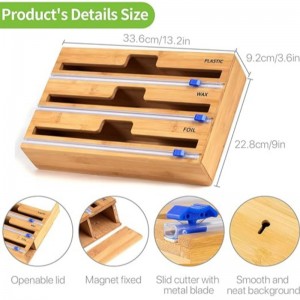 3 Dáileoir wrap i 1 le cutter, wrap plaisteach, scragall alúmanaim agus dáileoir páipéar céir le haghaidh tarraiceán cistine, sealbhóir eagraí rolla bambú, comhoiriúnach le 12 rolla (3 as 1)