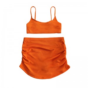 Éadach Crepe Orange Blouse Bunúsach Tarraingt Sciorta Pleated Swimsuit Sexy Dhá Phíosa