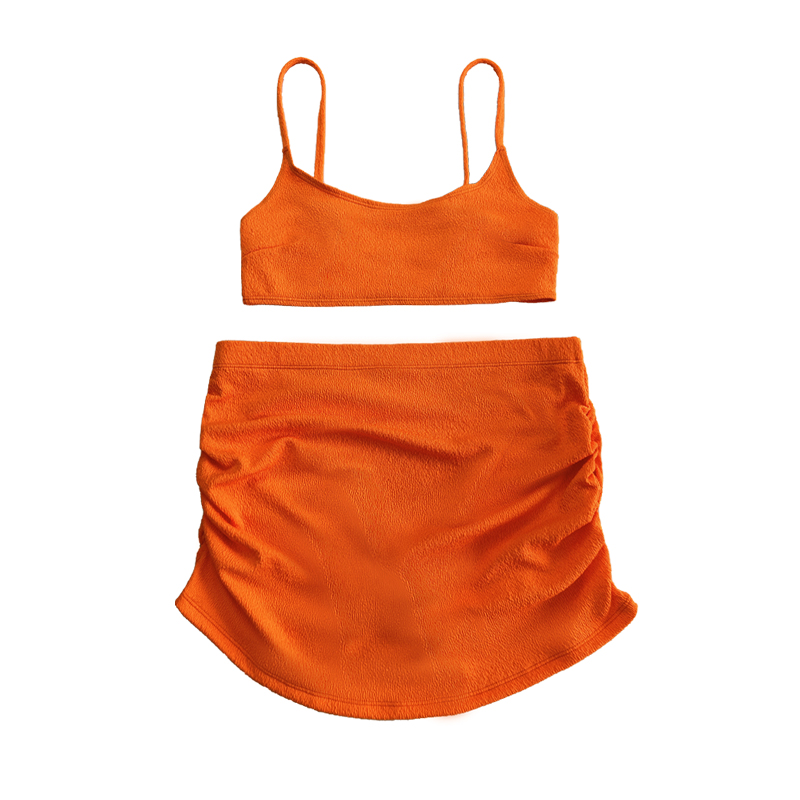 Éadach Crepe Orange Blouse Bunúsach Tarraingt Sciorta Pleated Swimsuit Sexy Dhá Phíosa