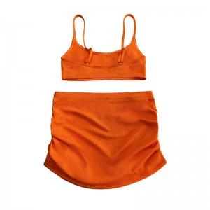 Éadach Crepe Orange Blouse Bunúsach Tarraingt Sciorta Pleated Swimsuit Sexy Dhá Phíosa