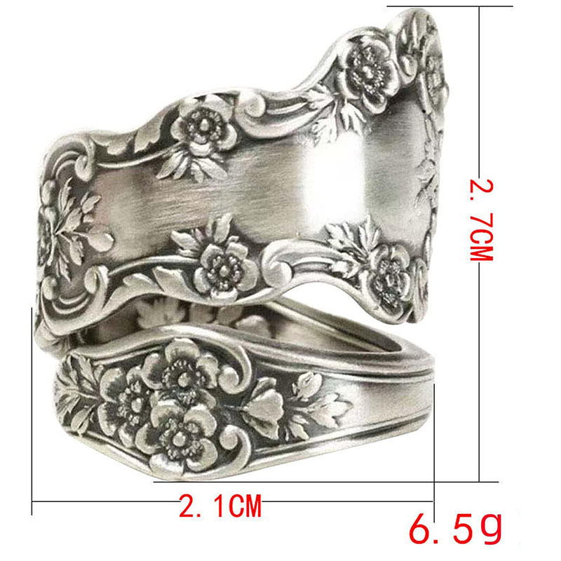 Fáinne Spúnóige Ocsaídithe Hongde 925 Sterling Silver Fáinne Inchoigeartaithe \“Teanga Vintage Flower\