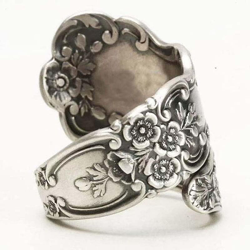 Fáinne Spúnóige Ocsaídithe Hongde 925 Sterling Silver Fáinne Inchoigeartaithe \“Teanga Vintage Flower\