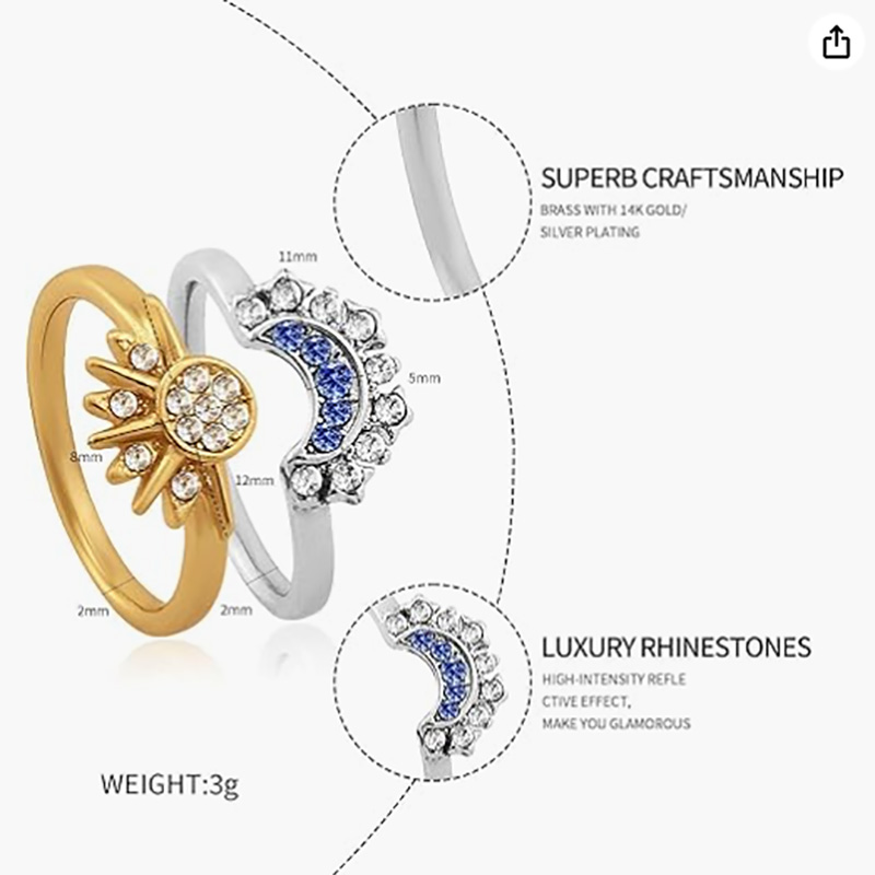 Fáinne Inchoigeartaithe Celestial Sun agus Moon - 18K Óir & Cóimhiotal copair plátáilte platanam oscailte-Fáinne banna le bán & Zirconia ciúbach gorm do dhaoine a bhfuil grá acu astrology agus caitheamh faisin galánta