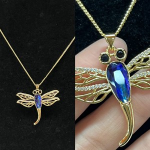 18K Óir-Muince pendant plátáilte dragonfly plátáilte le corp criostail ghorm, súile gemstone dubh, agus mionsonraí sciatháin filigree donádúr galánta-Jewelry spreagtha