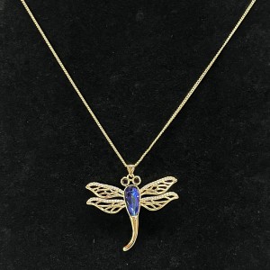 18K Óir-Muince pendant plátáilte dragonfly plátáilte le corp criostail ghorm, súile gemstone dubh, agus mionsonraí sciatháin filigree donádúr galánta-Jewelry spreagtha