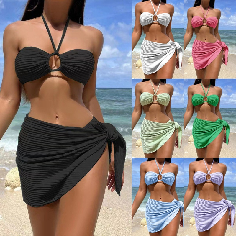 Feistí snámha bikini sexy a trí-píosa socraithe le sciorta fórsa, halter-Stíl Muineál, Feistí Snámha Dath Soladach do Mhná, ar fáil i stoc agus Il -Dathanna SY816 Praghas:$79.99