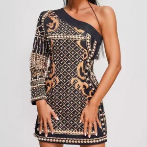 Samhradh Jacquard cniotáil chniotáilte gualainn gualainn fada, gúnaí caol feirbthe